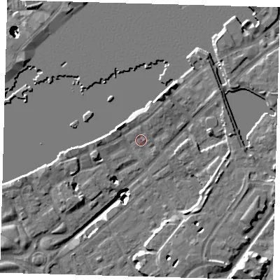 Shaded relief map of the ground around SE167DD, computed from Environment Agency LiDAR. The ground here sits at about 4 m above sea level and falls 22 m across the surrounding 800 m. Surface water reaching this point runs off ground lying to the north, 1.5 m higher.