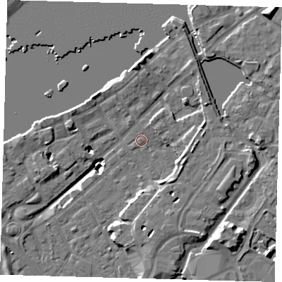 Shaded relief map of the ground around SE167DE, computed from Environment Agency LiDAR. The ground here sits at about 3 m above sea level and falls 20 m across the surrounding 800 m. Surface water reaching this point runs off ground lying to the south-south-east, 1.1 m higher.