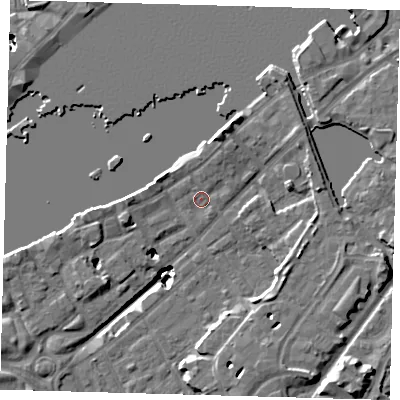 Shaded relief map of the ground around SE167DF, computed from Environment Agency LiDAR. The ground here sits at about 4 m above sea level and falls 22 m across the surrounding 800 m. Surface water reaching this point runs off ground lying to the north-north-east, 2.8 m higher.