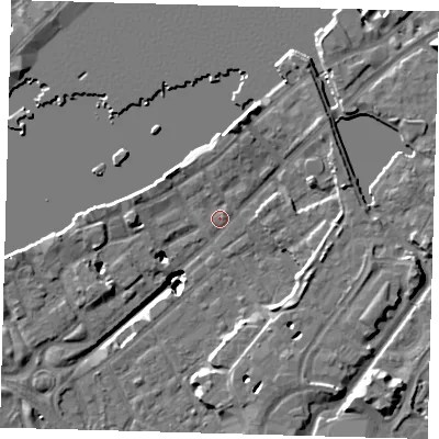 Shaded relief map of the ground around SE167DG, computed from Environment Agency LiDAR. The ground here sits at about 3 m above sea level and falls 20 m across the surrounding 800 m. Surface water reaching this point runs off ground lying to the east-north-east, 4.9 m higher.