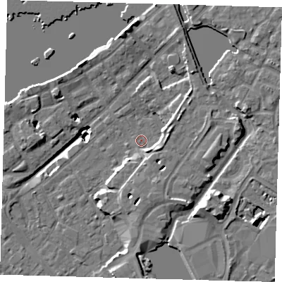 Shaded relief map of the ground around SE167DH, computed from Environment Agency LiDAR. The ground here sits at about 3 m above sea level and falls 20 m across the surrounding 800 m. Surface water reaching this point runs off ground lying to the east, 4.6 m higher.