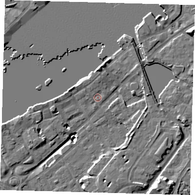 Shaded relief map of the ground around SE167DJ, computed from Environment Agency LiDAR. The ground here sits at about 4 m above sea level and falls 20 m across the surrounding 800 m. Surface water reaching this point runs off ground lying to the north, 2.8 m higher.