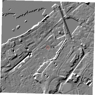 Shaded relief map of the ground around SE167DN, computed from Environment Agency LiDAR. The ground here sits at about 3 m above sea level and falls 20 m across the surrounding 800 m. Surface water reaching this point runs off ground lying to the south-east, 4.6 m higher.