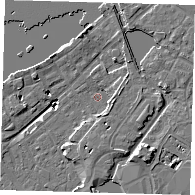 Shaded relief map of the ground around SE167DQ, computed from Environment Agency LiDAR. The ground here sits at about 3 m above sea level and falls 20 m across the surrounding 800 m. Surface water reaching this point runs off ground lying to the east-south-east, 4.6 m higher.