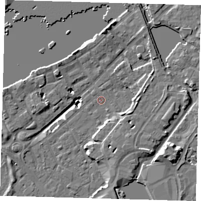 Shaded relief map of the ground around SE167DT, computed from Environment Agency LiDAR. The ground here sits at about 2 m above sea level and falls 20 m across the surrounding 800 m. Surface water reaching this point runs off ground lying to the east, 4.6 m higher.