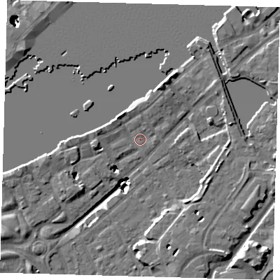 Shaded relief map of the ground around SE167DU, computed from Environment Agency LiDAR. The ground here sits at about 3 m above sea level and falls 22 m across the surrounding 800 m. Surface water reaching this point runs off ground lying to the west-north-west, 2.7 m higher.