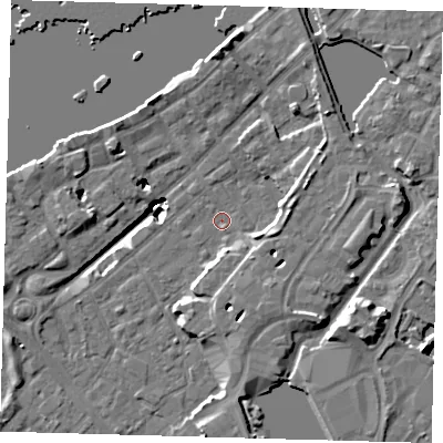 Shaded relief map of the ground around SE167DY, computed from Environment Agency LiDAR. The ground here sits at about 2 m above sea level and falls 20 m across the surrounding 800 m. Surface water reaching this point runs off ground lying to the east, 4.6 m higher.