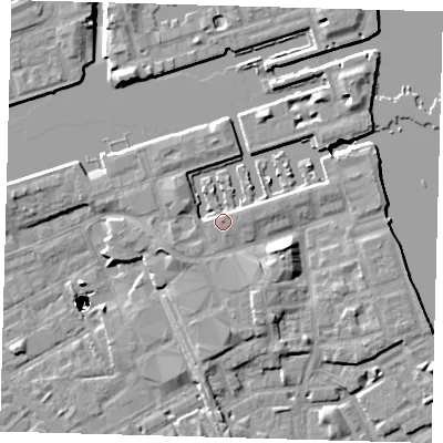 Shaded relief map of the ground around SE167FH, computed from Environment Agency LiDAR. The ground here sits at about 5 m above sea level and falls 47 m across the surrounding 800 m. Surface water reaching this point runs off ground lying to the west-north-west, 1.8 m higher.