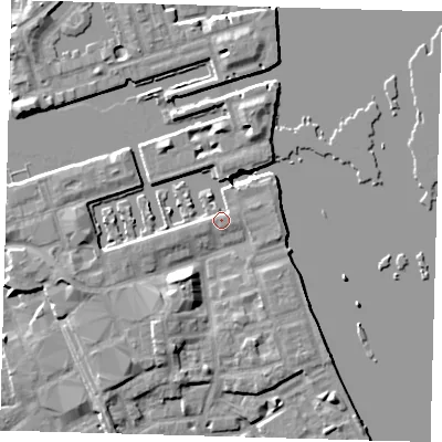 Shaded relief map of the ground around SE167FL, computed from Environment Agency LiDAR. The ground here sits at about 5 m above sea level and falls 8 m across the surrounding 800 m. Surface water reaching this point runs off ground lying to the south-south-west, 4.7 m higher.