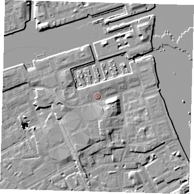 Shaded relief map of the ground around SE167FN, computed from Environment Agency LiDAR. The ground here sits at about 4 m above sea level and falls 47 m across the surrounding 800 m. Surface water reaching this point runs off ground lying to the east-south-east, 4.7 m higher.