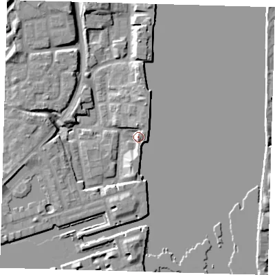 Shaded relief map of the ground around SE167GA, computed from Environment Agency LiDAR. The ground here sits at about 6 m above sea level and falls 9 m across the surrounding 800 m. Surface water reaching this point runs off ground lying to the south, 3.9 m higher.