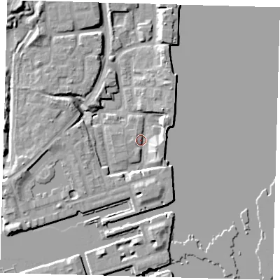 Shaded relief map of the ground around SE167HQ, computed from Environment Agency LiDAR. The ground here sits at about 3 m above sea level and falls 11 m across the surrounding 800 m. Surface water reaching this point runs off ground lying to the west-south-west, 5.5 m higher.