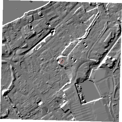 Shaded relief map of the ground around SE167HS, computed from Environment Agency LiDAR. The ground here sits at about 5 m above sea level and falls 20 m across the surrounding 800 m. Surface water reaching this point runs off ground lying to the north-east, 17.4 m higher.