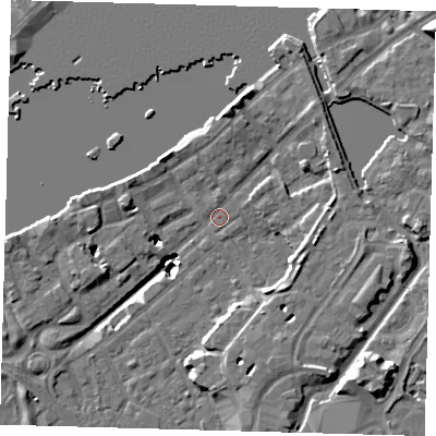 Shaded relief map of the ground around SE167HT, computed from Environment Agency LiDAR. The ground here sits at about 3 m above sea level and falls 20 m across the surrounding 800 m. Surface water reaching this point runs off ground lying to the east-north-east, 4.9 m higher.