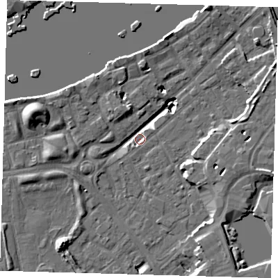 Shaded relief map of the ground around SE167HZ, computed from Environment Agency LiDAR. The ground here sits at about 1 m above sea level and falls 19 m across the surrounding 800 m. Surface water reaching this point runs off ground lying to the west-south-west, 9.7 m higher.