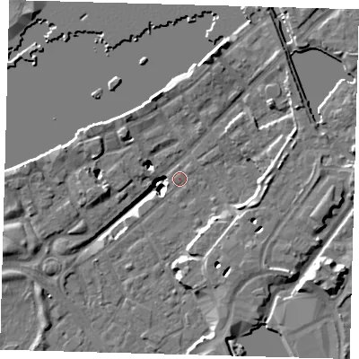 Shaded relief map of the ground around SE167JA, computed from Environment Agency LiDAR. The ground here sits at about 3 m above sea level and falls 20 m across the surrounding 800 m. Surface water reaching this point runs off ground lying to the north-east, 1.3 m higher.