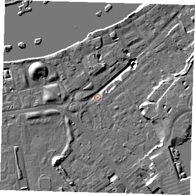 Shaded relief map of the ground around SE167JB, computed from Environment Agency LiDAR. The ground here sits at about 2 m above sea level and falls 19 m across the surrounding 800 m. Surface water reaching this point runs off ground lying to the west, 9.7 m higher.