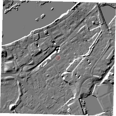 Shaded relief map of the ground around SE167JD, computed from Environment Agency LiDAR. The ground here sits at about 2 m above sea level and falls 20 m across the surrounding 800 m. Surface water reaching this point runs off ground lying to the west-south-west, 9.6 m higher.