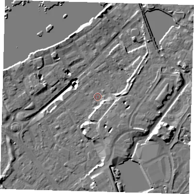 Shaded relief map of the ground around SE167JE, computed from Environment Agency LiDAR. The ground here sits at about 2 m above sea level and falls 20 m across the surrounding 800 m. Surface water reaching this point runs off ground lying to the north-east, 17.7 m higher.