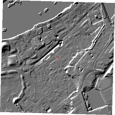 Shaded relief map of the ground around SE167JF, computed from Environment Agency LiDAR. The ground here sits at about 2 m above sea level and falls 19 m across the surrounding 800 m. Surface water reaching this point runs off ground lying to the west-south-west, 1.2 m higher.