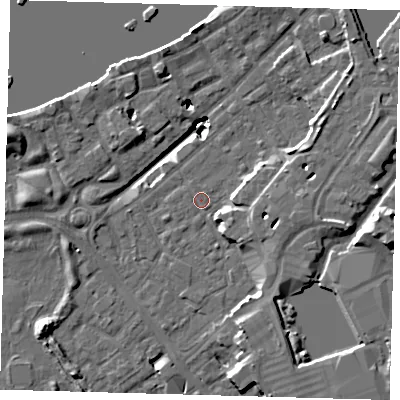 Shaded relief map of the ground around SE167JJ, computed from Environment Agency LiDAR. The ground here sits at about 2 m above sea level and falls 20 m across the surrounding 800 m. Surface water reaching this point runs off ground lying to the west-south-west, 1.2 m higher.