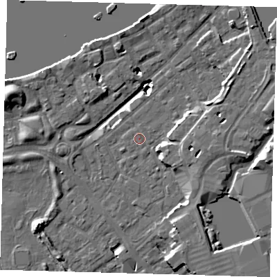 Shaded relief map of the ground around SE167JN, computed from Environment Agency LiDAR. The ground here sits at about 2 m above sea level and falls 19 m across the surrounding 800 m. Surface water reaching this point runs off ground lying to the west-south-west, 1.2 m higher.