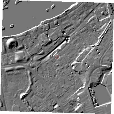 Shaded relief map of the ground around SE167JQ, computed from Environment Agency LiDAR. The ground here sits at about 2 m above sea level and falls 19 m across the surrounding 800 m. Surface water reaching this point runs off ground lying to the south-west, 1.2 m higher.