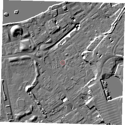 Shaded relief map of the ground around SE167JR, computed from Environment Agency LiDAR. The ground here sits at about 2 m above sea level and falls 19 m across the surrounding 800 m. Surface water reaching this point runs off ground lying to the west, 3.0 m higher.