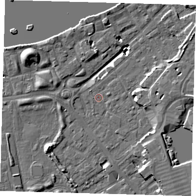 Shaded relief map of the ground around SE167JS, computed from Environment Agency LiDAR. The ground here sits at about 2 m above sea level and falls 19 m across the surrounding 800 m. Surface water reaching this point runs off ground lying to the west-south-west, 1.2 m higher.