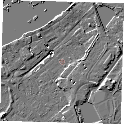 Shaded relief map of the ground around SE167JT, computed from Environment Agency LiDAR. The ground here sits at about 2 m above sea level and falls 20 m across the surrounding 800 m. Surface water reaching this point runs off ground lying to the west-south-west, 1.2 m higher.
