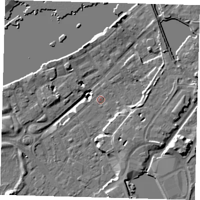 Shaded relief map of the ground around SE167JU, computed from Environment Agency LiDAR. The ground here sits at about 2 m above sea level and falls 20 m across the surrounding 800 m. Surface water reaching this point runs off ground lying to the north-east, 17.7 m higher.