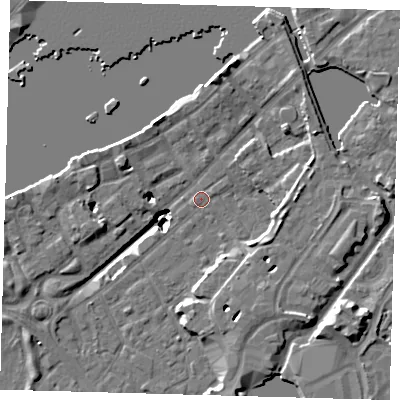 Shaded relief map of the ground around SE167JX, computed from Environment Agency LiDAR. The ground here sits at about 3 m above sea level and falls 20 m across the surrounding 800 m. Surface water reaching this point runs off ground lying to the north-east, 1.1 m higher.