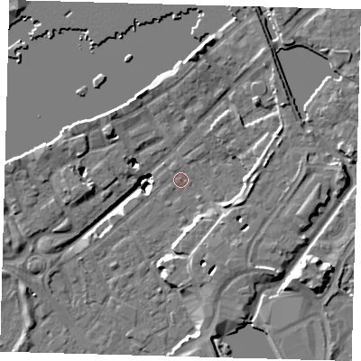 Shaded relief map of the ground around SE167JY, computed from Environment Agency LiDAR. The ground here sits at about 3 m above sea level and falls 20 m across the surrounding 800 m. Surface water reaching this point runs off ground lying to the east, 4.6 m higher.