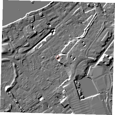 Shaded relief map of the ground around SE167JZ, computed from Environment Agency LiDAR. The ground here sits at about 4 m above sea level and falls 20 m across the surrounding 800 m. Surface water reaching this point runs off ground lying to the north-east, 17.4 m higher.