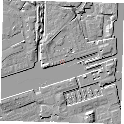 Shaded relief map of the ground around SE167LA, computed from Environment Agency LiDAR. The ground here sits at about 5 m above sea level and falls 9 m across the surrounding 800 m. Surface water reaching this point runs off ground lying to the east-south-east, 3.7 m higher.