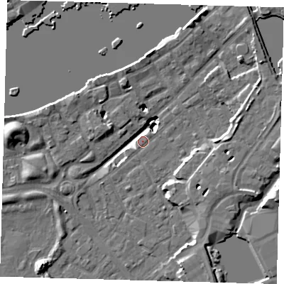 Shaded relief map of the ground around SE167LN, computed from Environment Agency LiDAR. The ground here sits at about 2 m above sea level and falls 19 m across the surrounding 800 m. Surface water reaching this point runs off ground lying to the south-west, 15.5 m higher.