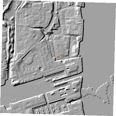 Shaded relief map of the ground around SE167LT, computed from Environment Agency LiDAR. The ground here sits at about 3 m above sea level and falls 9 m across the surrounding 800 m. Surface water reaching this point runs off ground lying to the west, 5.5 m higher.