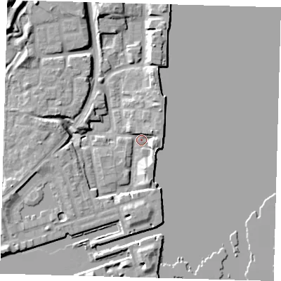 Shaded relief map of the ground around SE167LU, computed from Environment Agency LiDAR. The ground here sits at about 2 m above sea level and falls 11 m across the surrounding 800 m. Surface water reaching this point runs off ground lying to the west-south-west, 5.5 m higher.
