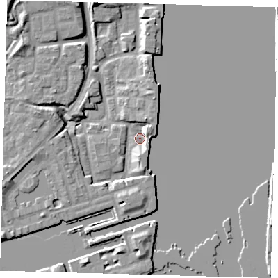 Shaded relief map of the ground around SE167LX, computed from Environment Agency LiDAR. The ground here sits at about 3 m above sea level and falls 9 m across the surrounding 800 m. Surface water reaching this point runs off ground lying to the north-east, 4.5 m higher.