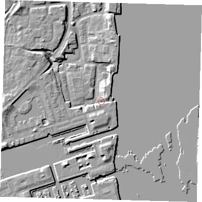 Shaded relief map of the ground around SE167LY, computed from Environment Agency LiDAR. The ground here sits at about 3 m above sea level and falls 9 m across the surrounding 800 m. Surface water reaching this point runs off ground lying to the east-north-east, 4.8 m higher.