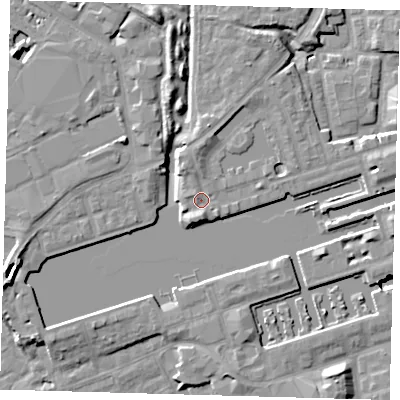 Shaded relief map of the ground around SE167PL, computed from Environment Agency LiDAR. The ground here sits at about 5 m above sea level and falls 9 m across the surrounding 800 m. Surface water reaching this point runs off ground lying to the south-south-west, 2.3 m higher.