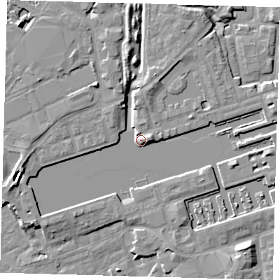 Shaded relief map of the ground around SE167PQ, computed from Environment Agency LiDAR. The ground here sits at about 6 m above sea level and falls 9 m across the surrounding 800 m. Surface water reaching this point runs off ground lying to the west-south-west, 7.6 m higher.