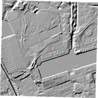 Shaded relief map of the ground around SE167PS, computed from Environment Agency LiDAR. The ground here sits at about 5 m above sea level and falls 12 m across the surrounding 800 m. Surface water reaching this point runs off ground lying to the south-west, 3.9 m higher.