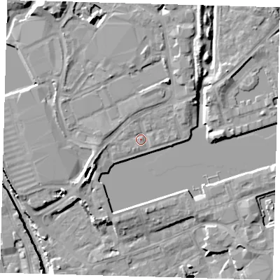 Shaded relief map of the ground around SE167PU, computed from Environment Agency LiDAR. The ground here sits at about 5 m above sea level and falls 48 m across the surrounding 800 m. Surface water reaching this point runs off ground lying to the west-south-west, 3.9 m higher.