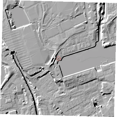 Shaded relief map of the ground around SE167PW, computed from Environment Agency LiDAR. The ground here sits at about 5 m above sea level and falls 48 m across the surrounding 800 m. Surface water reaching this point runs off ground lying to the west-south-west, 5.5 m higher.