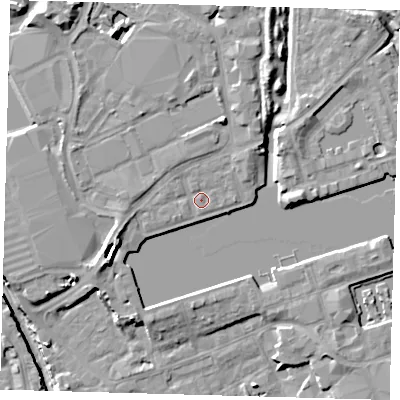 Shaded relief map of the ground around SE167PY, computed from Environment Agency LiDAR. The ground here sits at about 5 m above sea level and falls 12 m across the surrounding 800 m. Surface water reaching this point runs off ground lying to the west-south-west, 3.9 m higher.