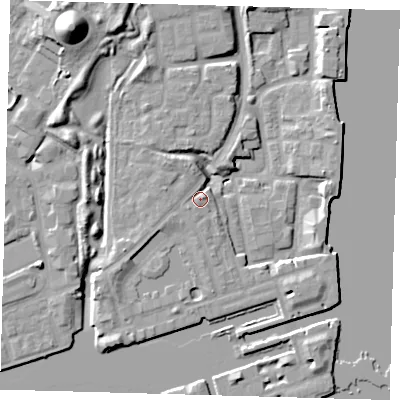 Shaded relief map of the ground around SE167QB, computed from Environment Agency LiDAR. The ground here sits at about 5 m above sea level and falls 19 m across the surrounding 800 m. Surface water reaching this point runs off ground lying to the west-south-west, 2.6 m higher.