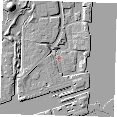 Shaded relief map of the ground around SE167QF, computed from Environment Agency LiDAR. The ground here sits at about 3 m above sea level and falls 19 m across the surrounding 800 m. Surface water reaching this point runs off ground lying to the west-south-west, 4.9 m higher.