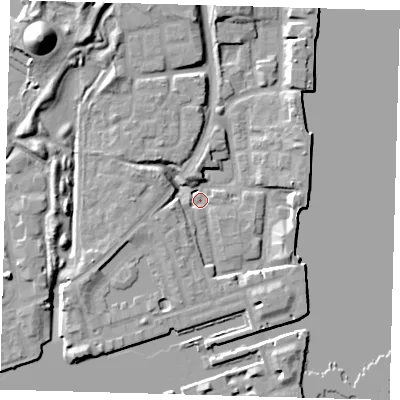 Shaded relief map of the ground around SE167QG, computed from Environment Agency LiDAR. The ground here sits at about 2 m above sea level and falls 19 m across the surrounding 800 m. Surface water reaching this point runs off ground lying to the south-west, 7.0 m higher.