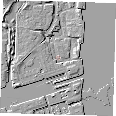Shaded relief map of the ground around SE167QP, computed from Environment Agency LiDAR. The ground here sits at about 3 m above sea level and falls 10 m across the surrounding 800 m. Surface water reaching this point runs off ground lying to the west, 3.2 m higher.